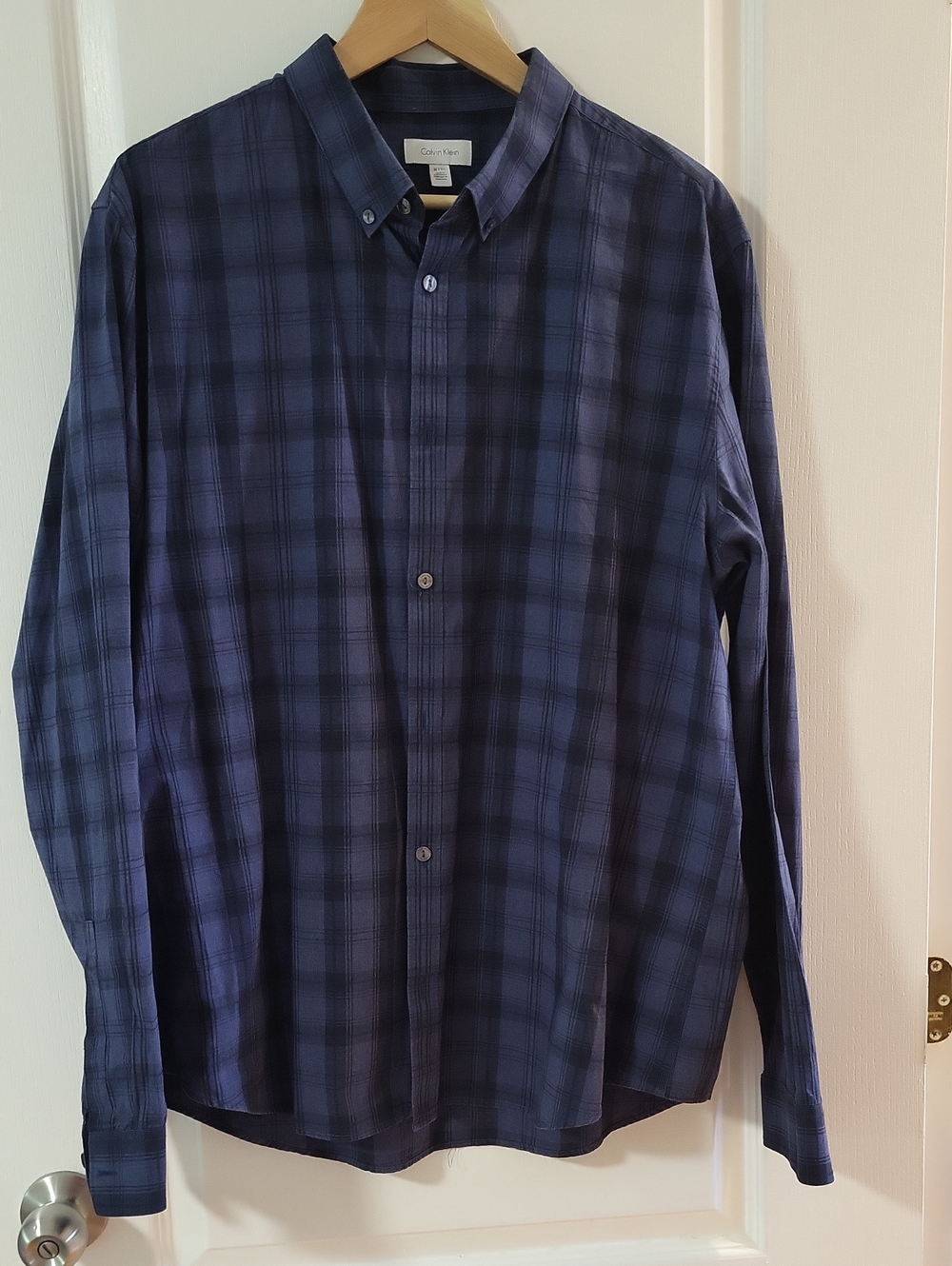Calvin Klein Men's Navy and Black Plaid Button-Down Shirt - Long Sleeve